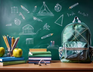 A vibrant back-to-school scene featuring a backpack, stacked books, and school supplies on a wooden desk in front of a green chalkboard with chalk drawings.