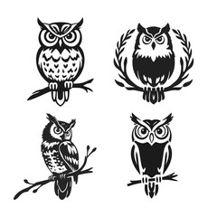 Collection of owls with sharp eyes, clean lines, symbol of wisdom and strength. vector owl, owl emblem, night bird, tribal owl