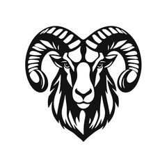 Ram head illustration, mountain goat logo, wild animal emblem, horned beast design, tribal goat art symbol
