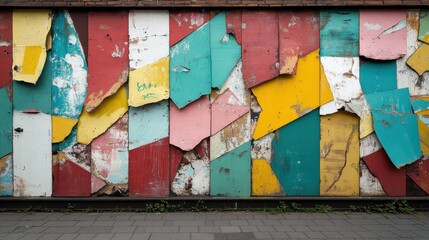 This image showcases a vibrant wall adorned with peeling paint in various colors including turquoise, yellow, and red, creating an intriguing abstract pattern that catches the eye.
