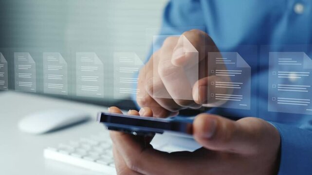 Document management concept. Businessman checking electronic document on digital document on virtual screen. Network document management system. Paperless working technology of digital document.