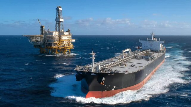 Oblique angle showing the vast scale difference between the massive tanker and the towering lattice of an oil extraction platform