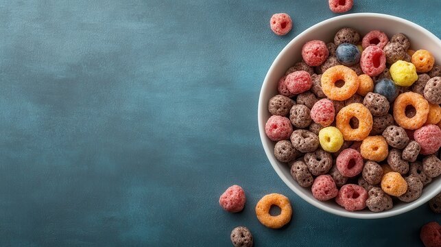 A vibrant bowl of assorted breakfast cereals is displayed on a textured blue surface, showcasing various shapes and colors, perfect for a refreshing start to the day.