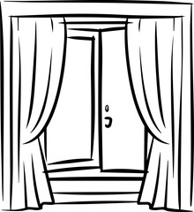 open window with curtains outline coloring book page line art vector illustration