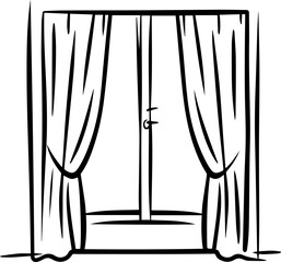 open window with curtains outline coloring book page line art vector illustration