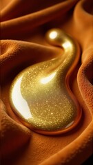 Obraz premium A shimmering golden droplet rests on soft brown fabric, showcasing its glossy texture.