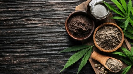 A collection of various herbs and preparations presented on a wooden table highlights the natural, earthy elements and evokes a sense of holistic health and well-being.