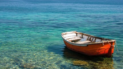 Fototapeta premium A small, orange boat floating on calm, clear water with a clear blue sky in the background.