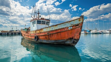 Obraz premium An old, rusted fishing boat moored in a harbor with a blue sky and white clouds in the background.
