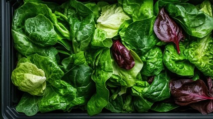 A colorful arrangement of various salad leaves presented in a modern container, illustrating the freshness and vibrancy of healthy greens in culinary art.