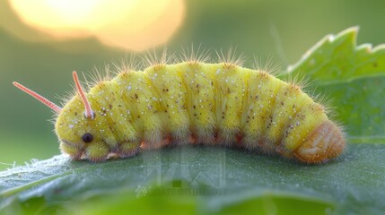 Naklejka premium Close-up of a bright yellow caterpillar on a leaf. Soft sunlight