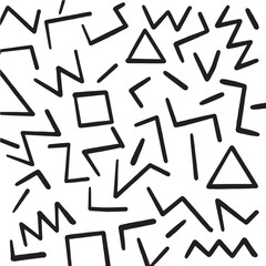 Memphis geometric seamless pattern. abstract background in retro 80s, 90s style with various shapes: circles, zigzags, wavybox, triangle lines. Cute kid doodle design.