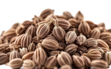 Heaped ajwain seeds with visible ridged surfaces highlighting their organic shape and earthy color tones isolated on transparent background PNG