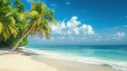 A serene beach scene with a palm tree and clear blue sky.