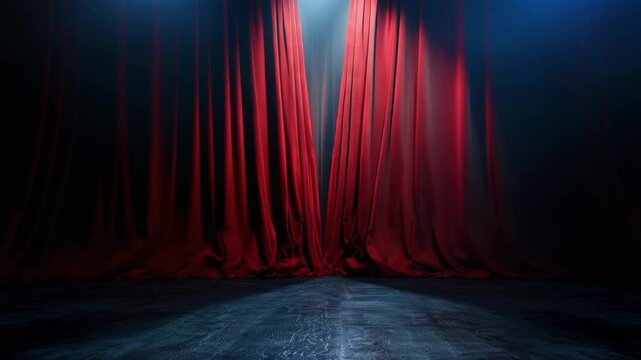 Vintage stage with red curtains, spotlight on for showtime ambiance.