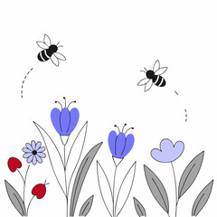 Bees pollinating colorful flowers in a simple garden scene  