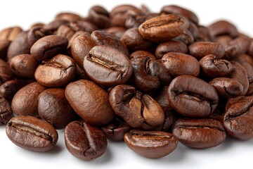 Obraz premium a rich pile of freshly roasted dark brown coffee beans, perfect for illustrating aromatic beverages, morning rituals, coffee shop ambiance, and the energizing taste of caffeine on white