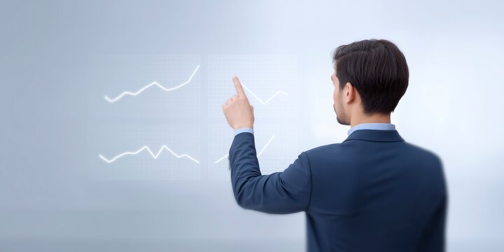 Businessman in a suit interacting with virtual graphs and data displays, showcasing modern technology and innovation in a professional environment with copy space