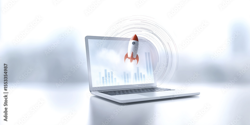 Poster laptop with rocket launching from screen, representing growth and innovation in technology, surround