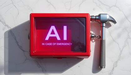 Red emergency box with ai text and a hammer ready to break glass for artificial intelligence access