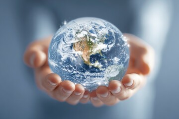Hands cradle a glowing Earth globe showing continents and city lights against a blurred background