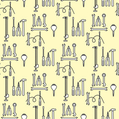 Seamless pattern of hand tools including pliers, wrenches, and screwdrivers on light background