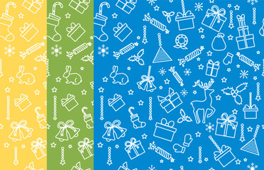 Christmas holiday pattern with gifts, stockings, and festive symbols on colorful backgrounds
