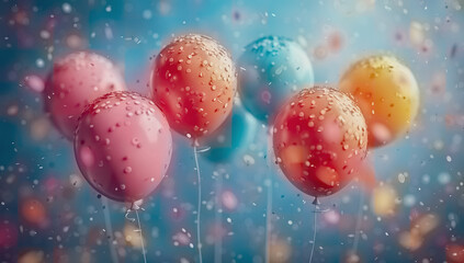 A festive greeting card animation with colorful balloons floating in the air and swirling confetti on a bright pink background.