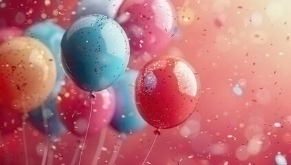 A festive greeting card animation with colorful balloons floating in the air and swirling confetti on a bright pink background.