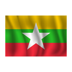Flag of Myanmar wavy flutters in wind, with folds 3d