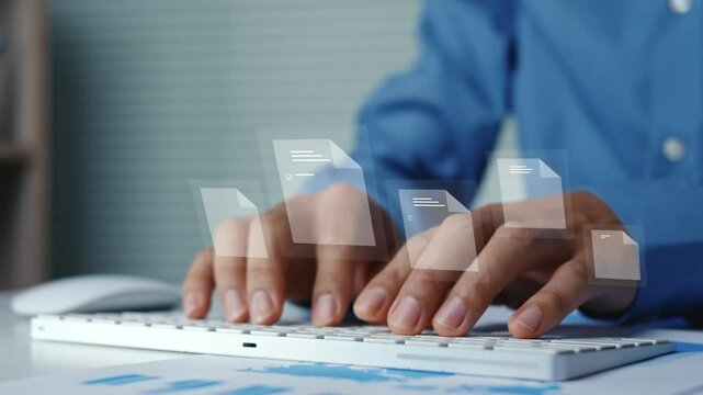 Document management concept. Businessman checking electronic document on digital document on virtual screen. Network document management system. Paperless working technology of digital document.
