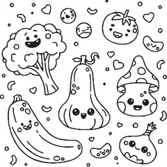 A fun and whimsical black and white doodle artwork showing a group of cute cartoon characters, including a smiling star, a frog, a flower, and other imaginative creatures.