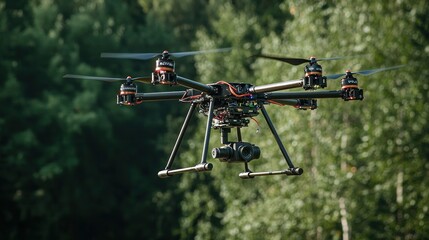 A drone with a camera flying over a forested area.