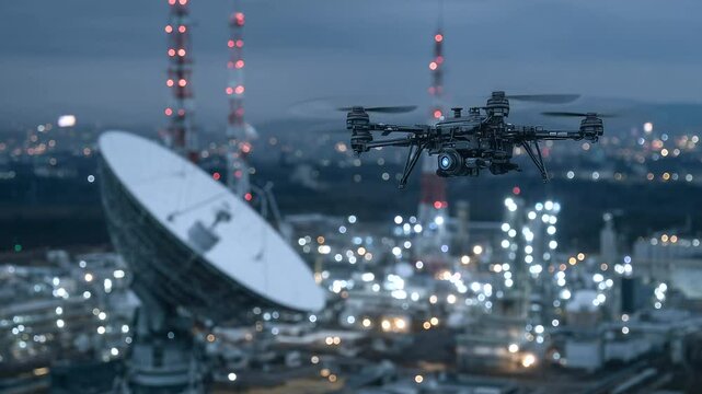 Surveillance drone hovers above an urban tech complex, antennas and satellite dishes glittering under its infrared targeting array