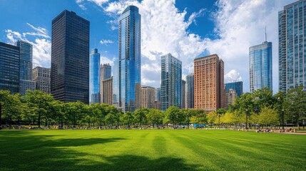 Obraz premium A vibrant green lawn with a city skyline in the background.
