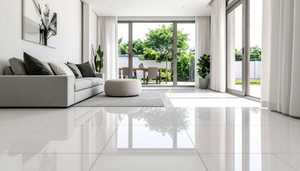 Bright, modern living area with polished white tile floors and outdoor views
