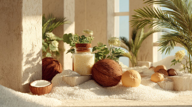 Serene tropical scene with coconuts, jar of bath salts, and lush greenery in sunlit setting