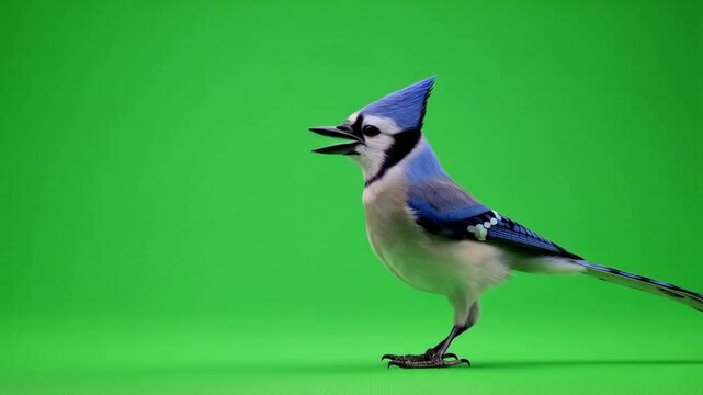 Blue jay bird standing on a green screen background in a studio setting looking to the left green screen video