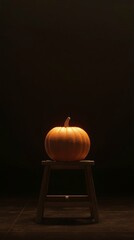 Single Illuminated Pumpkin on Rustic Wooden Stool in Dark Setting