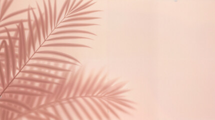 Blurred shadow from palm leaves on the light pink wall. Minimal abstract background for product presentation. Spring and summer.