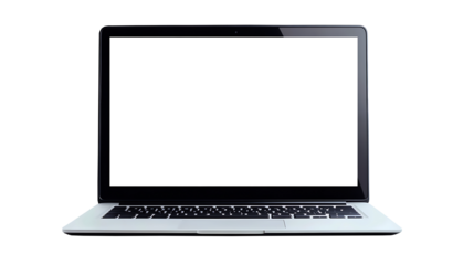Front View Modern silver portable notebook computer with blank screen  Isolated on white background, clipping path included, transparent png.