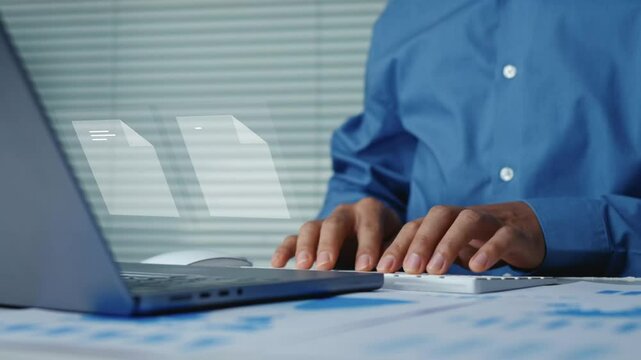 Document management concept. Businessman checking electronic document on digital document on virtual screen. Network document management system. Paperless working technology of digital document.
