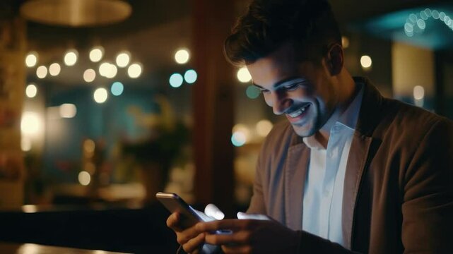 A young man is smiling while using his phone at a cafe. He's surrounded by warm indoor lighting and seems to be engaged in an enjoyable conversation or browsing.