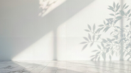 Minimal abstract light gray background for product presentation. Soft shadow and light from windows on white wall.
