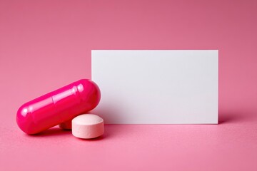 Pink capsule pill and tablet sit beside a white card against a pink backdrop