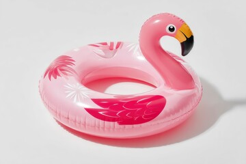 Pink flamingo inflatable float on a white background casting a shadow