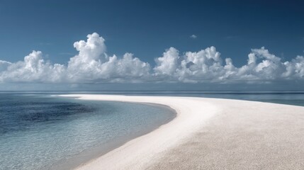 Obraz premium Pristine white sand beach meets turquoise water under a vast, cloud-filled sky