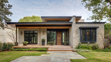 Modern, elegant home exterior with a contemporary design. Features a combination of stone and stucco, large windows, and a covered porch