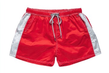 Red shorts with gray sides waistband and drawstring on a white background