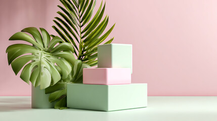 3D rendering of pastel green and pink plastic boxes on a podium with tropical leaves against a white background